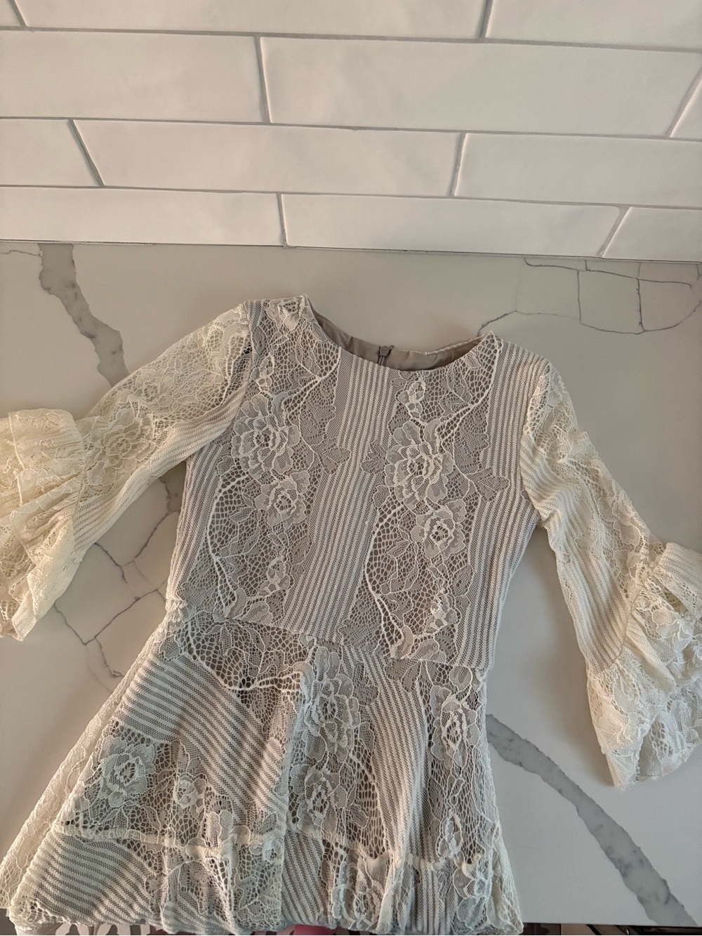MIA JOY Girls Cream Lace Bell-Sleeve Formal Dress with Floral Overlay